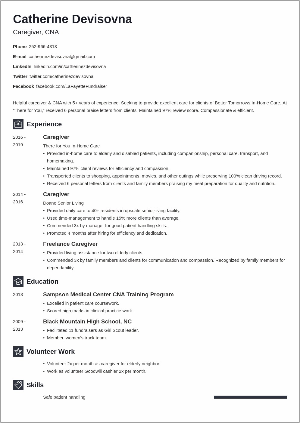 Self Employed Caregiver Resume Example