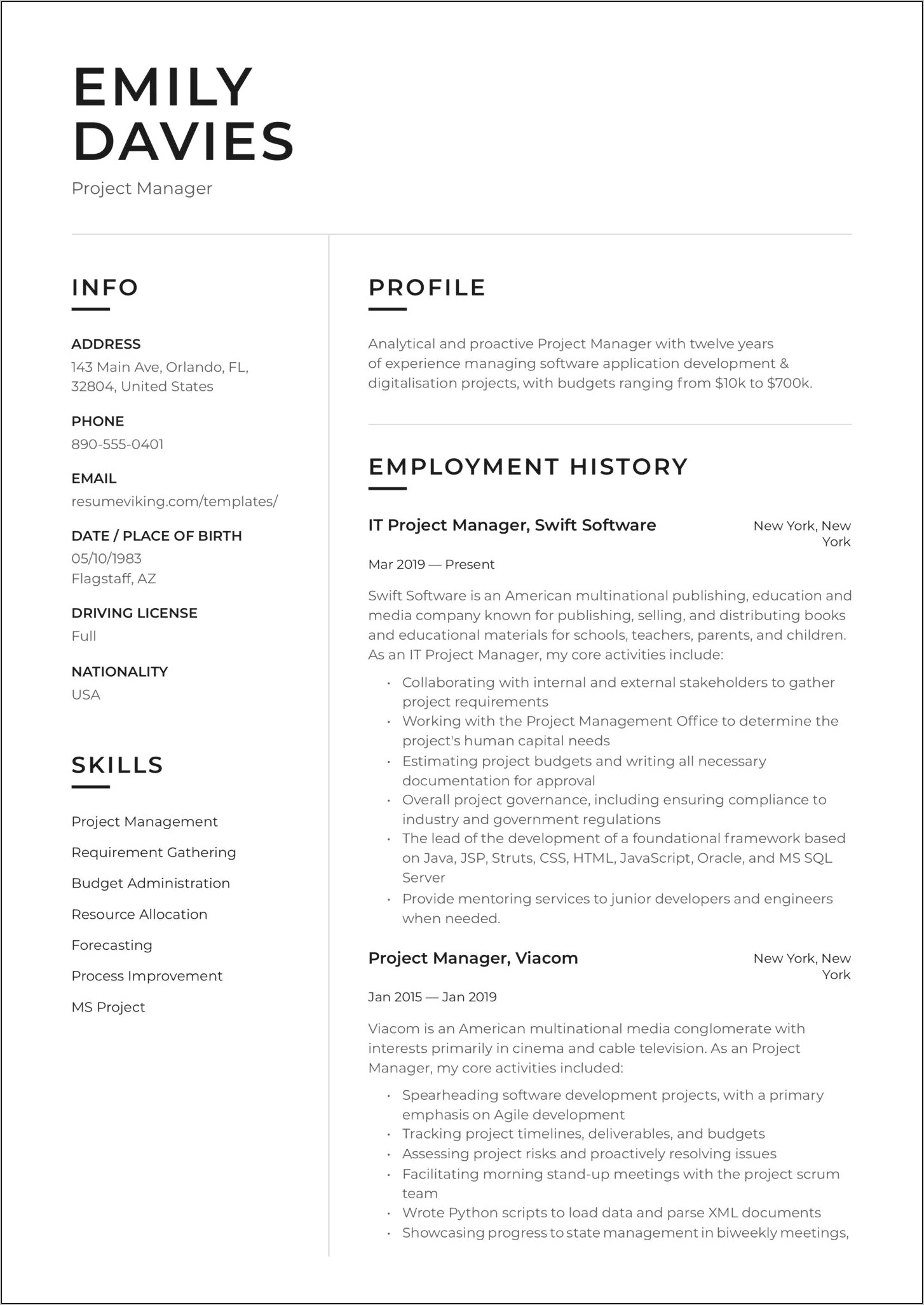 Self Employed Project Manager Resume