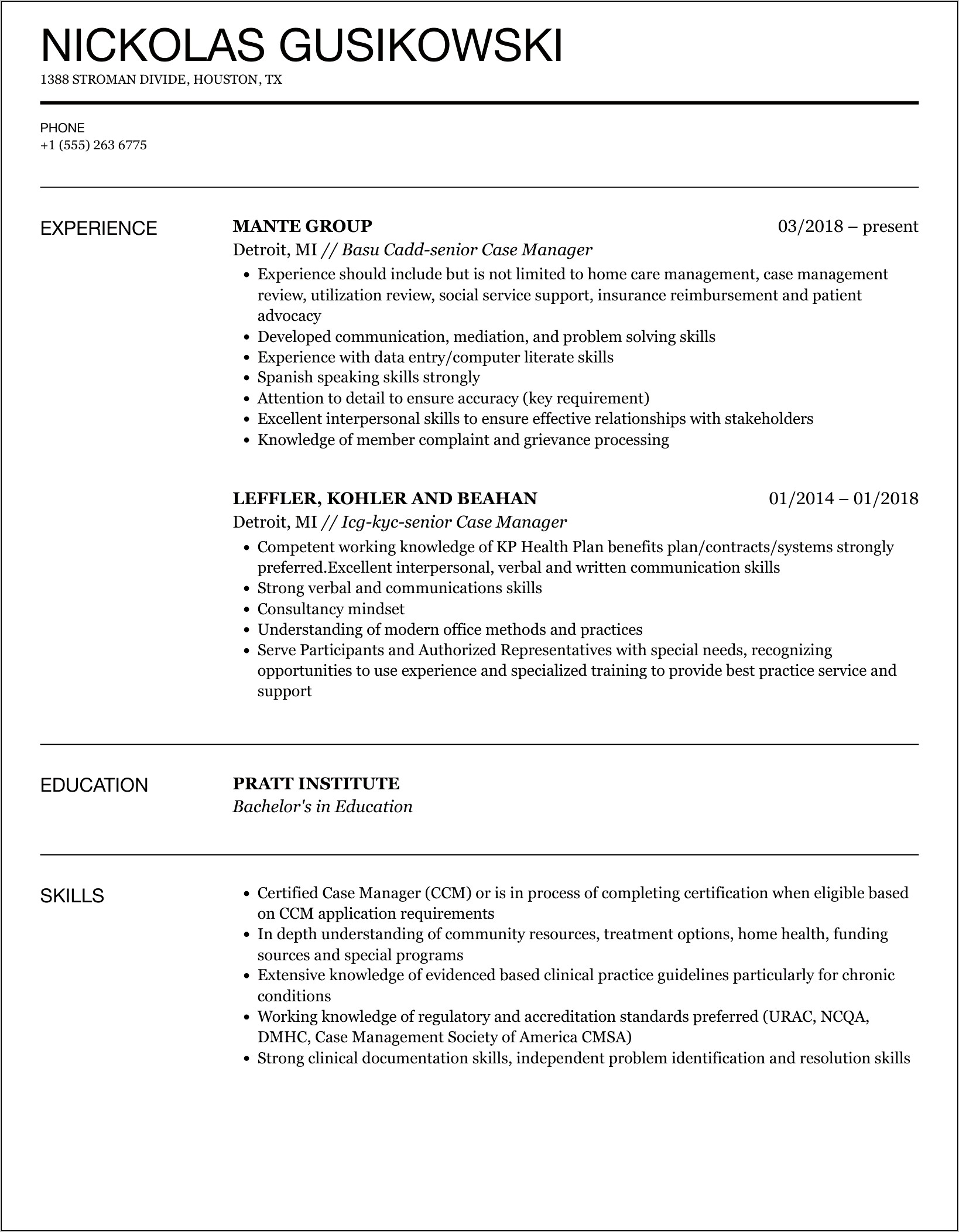 Senior Case Manager Resume Sample