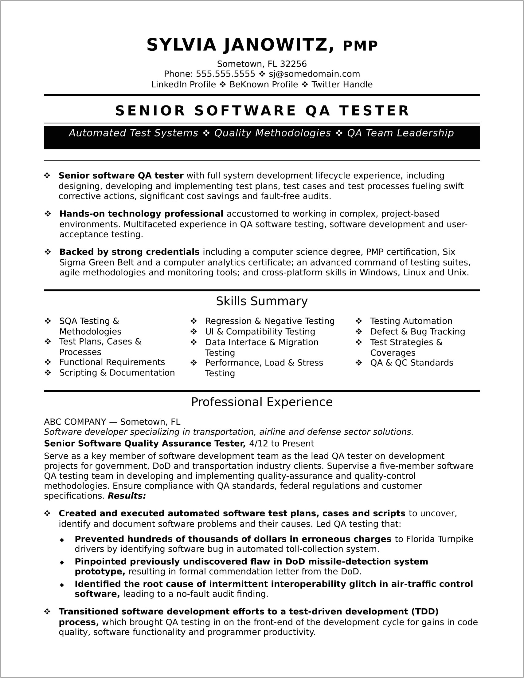 Senior Computer Engineer Sample Resume