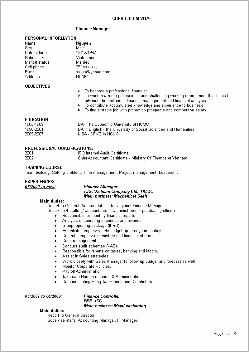 Senior Finance Manager Resume Sample