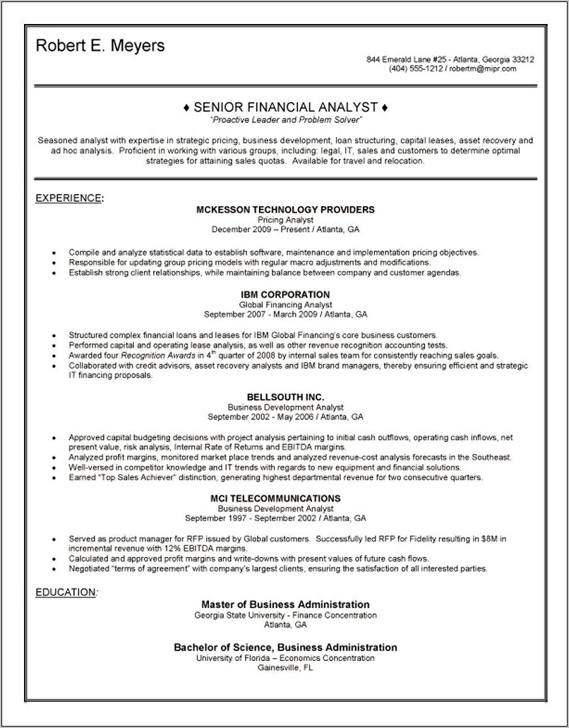 Senior Financial Analyst Job Resume