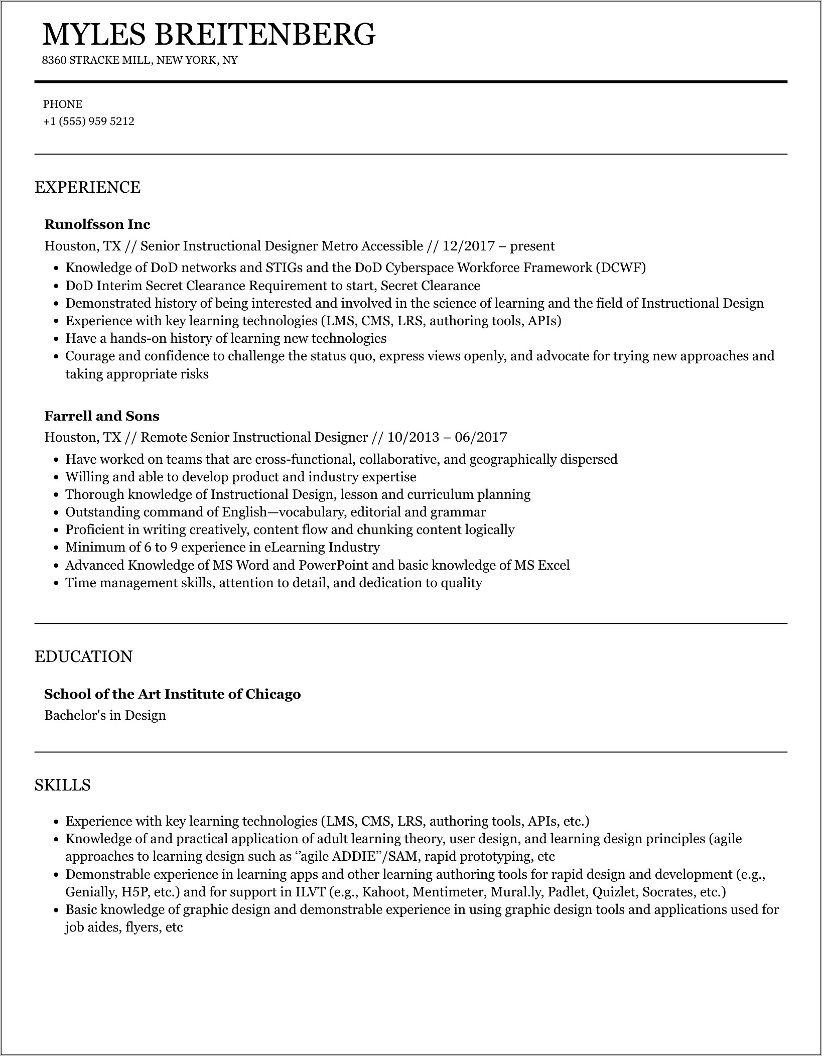 Senior Instructional Designer Sample Resume