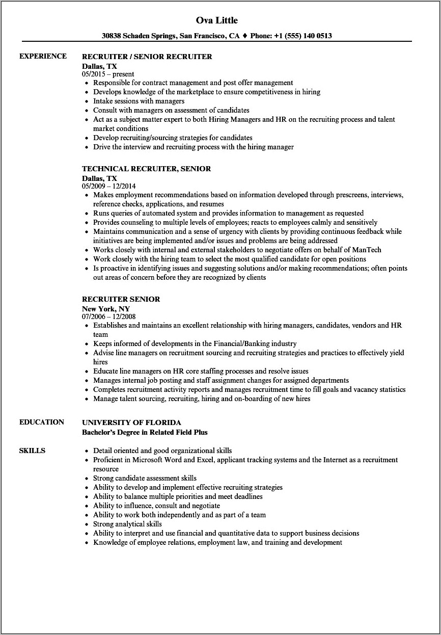 Senior It Recruiter Resume Samples