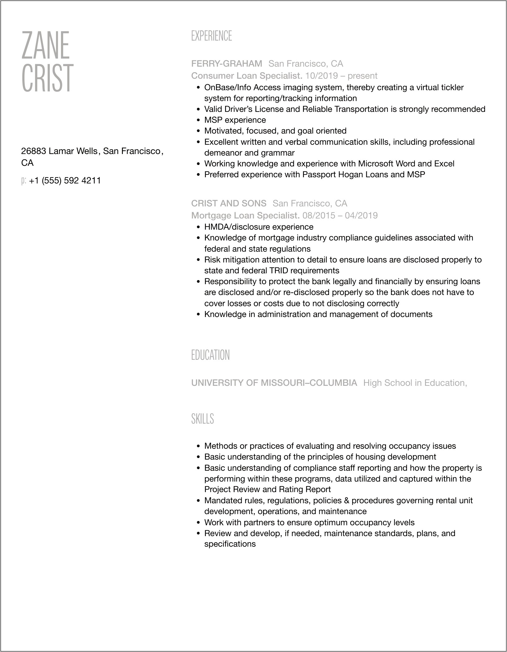 Senior Lending Specialist Resume Sample