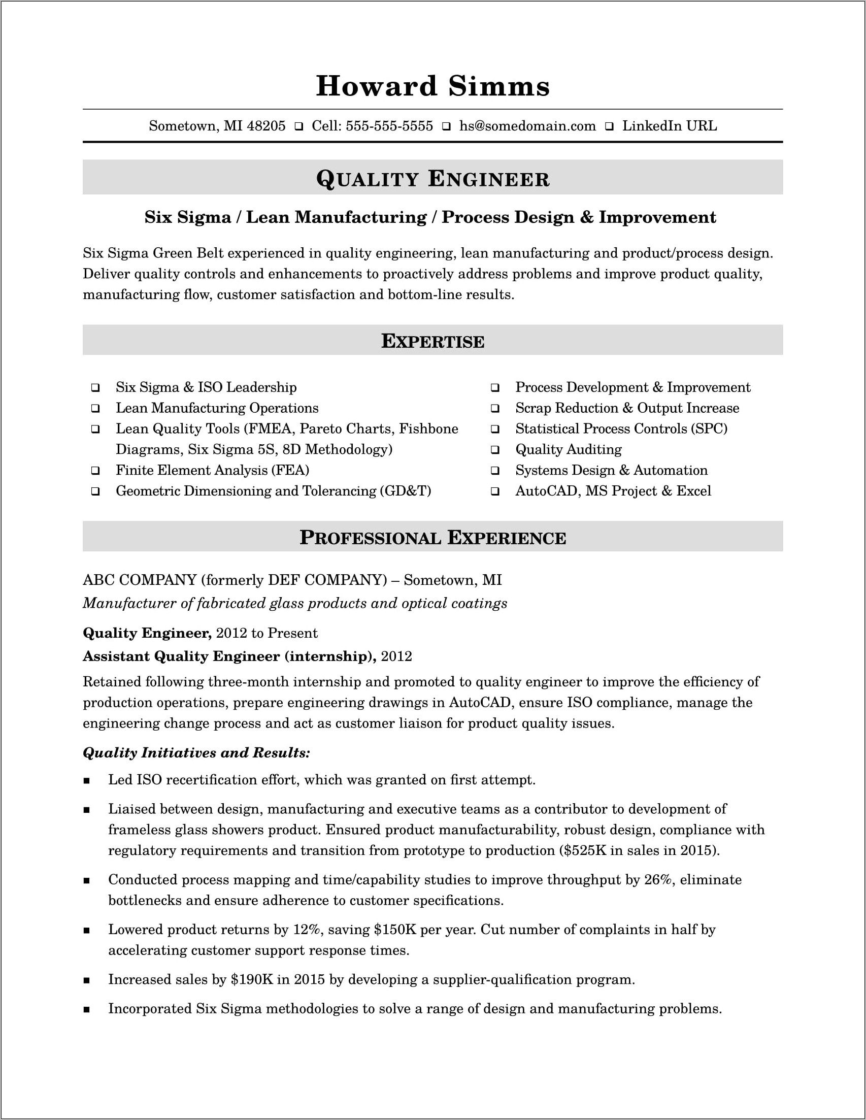 Senior Manufacturing Engineer Resume Sample