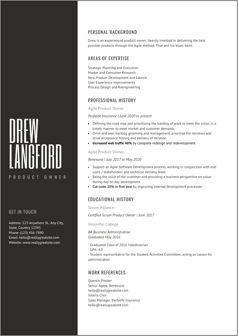 Senior Product Owner Sample Resume