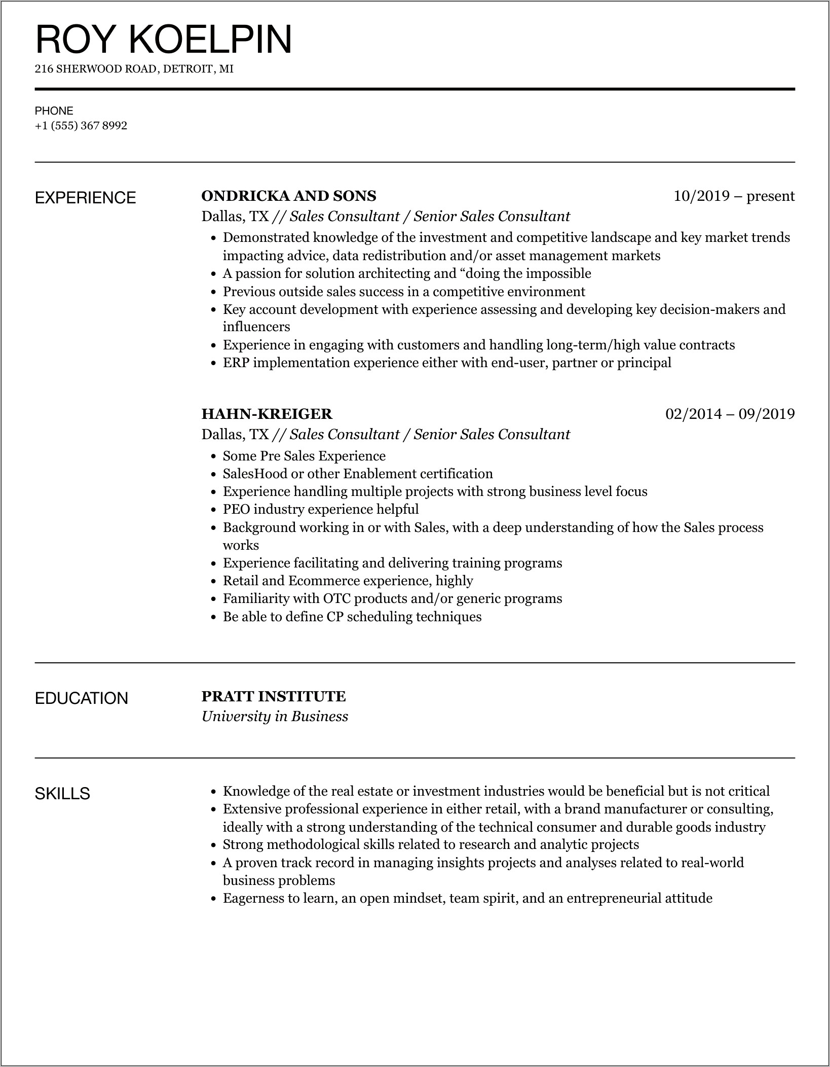 Senior Sales Consultant Resume Sample