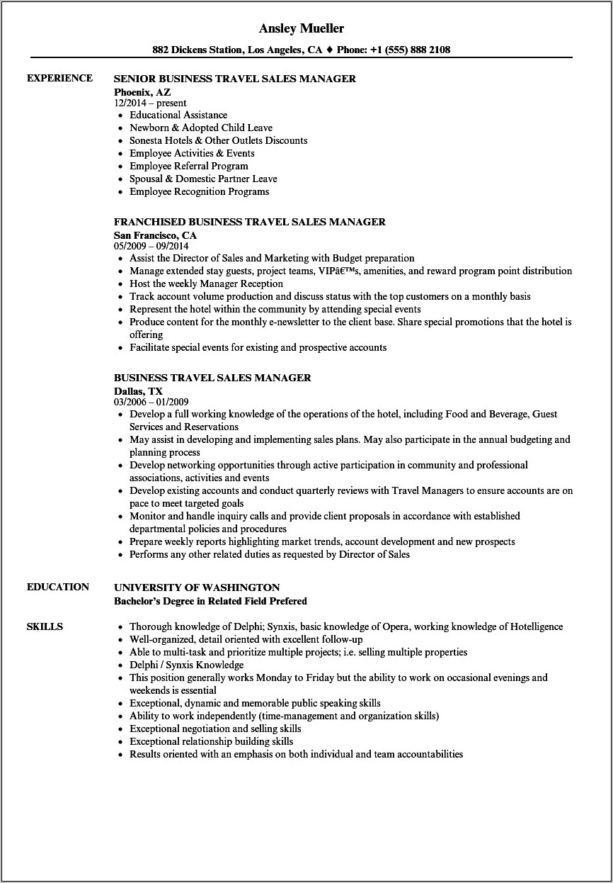 Senior Sales Manager Hotel Resume