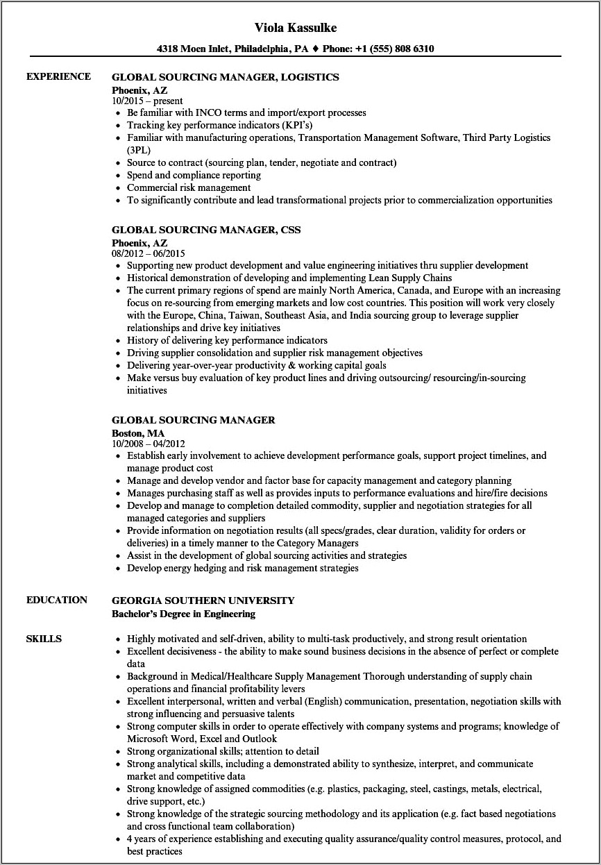 Senior Sourcing Manager Resume Sample