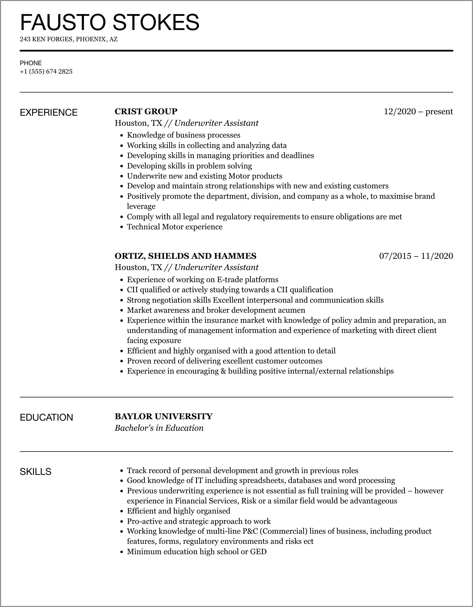 Senior Underwriting Assistant Resume Sample