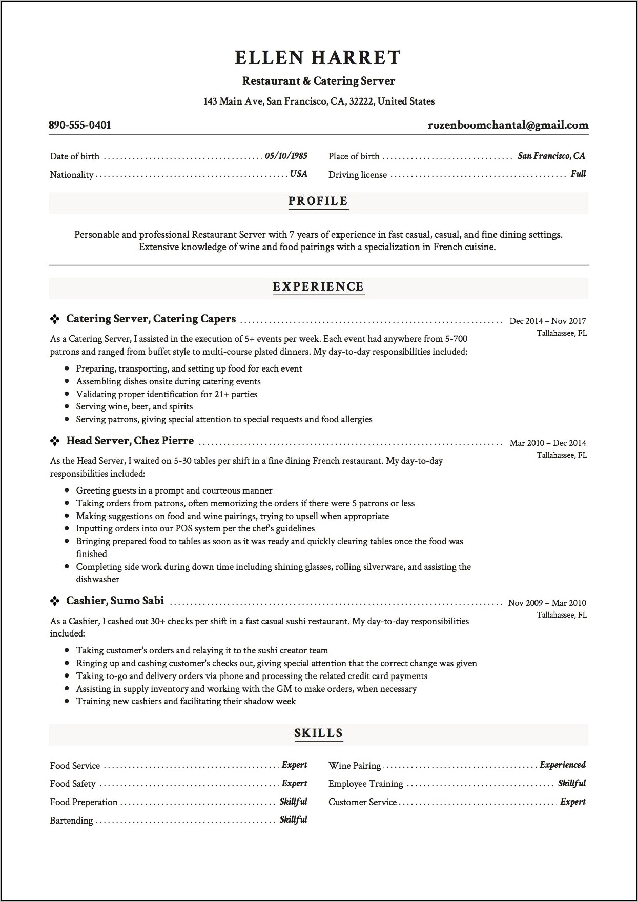 Server Resume Examples No Experience