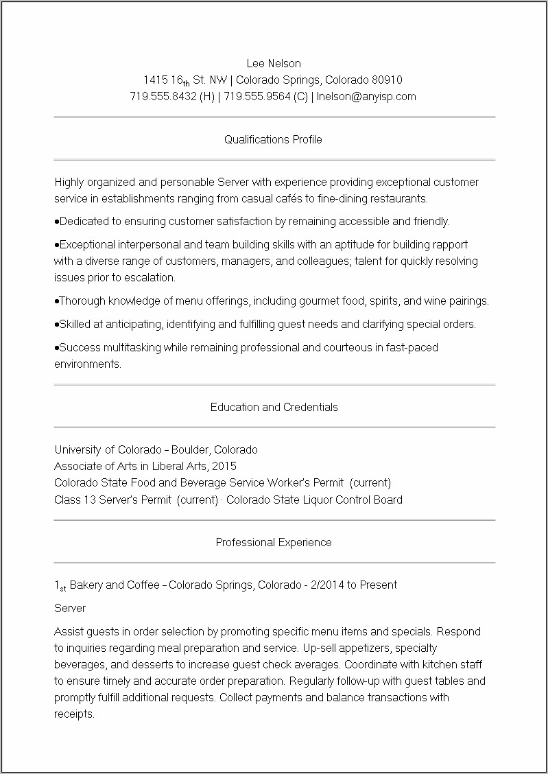 Server Resume Skills And Qualifications