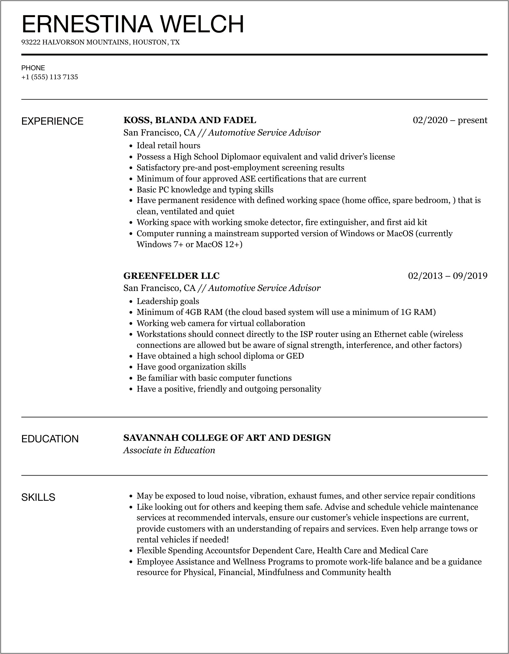 Service Advisor Objective Resume Examples