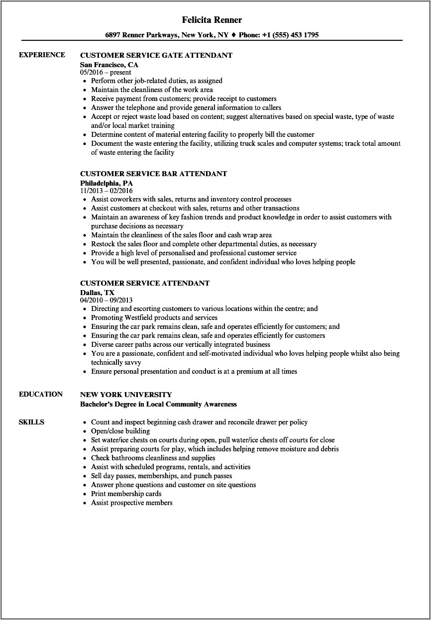 Service Attendant Job Description Resume