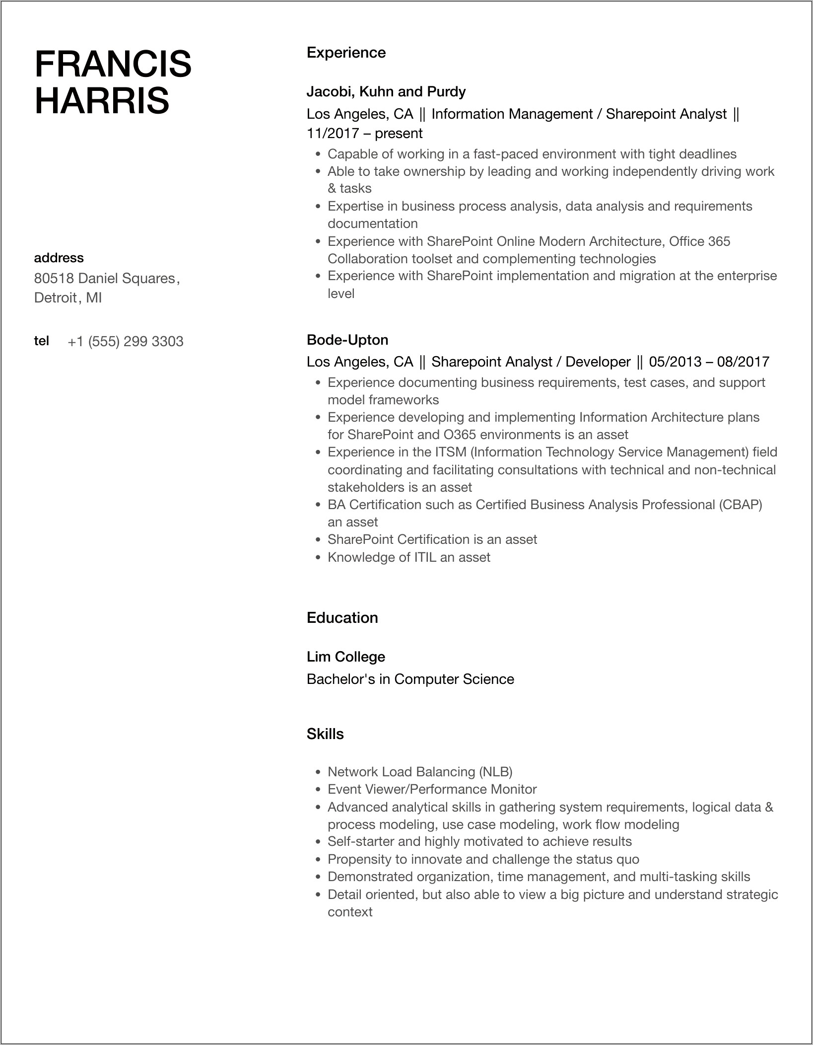 Sharepoint Data Analyst Sample Resume