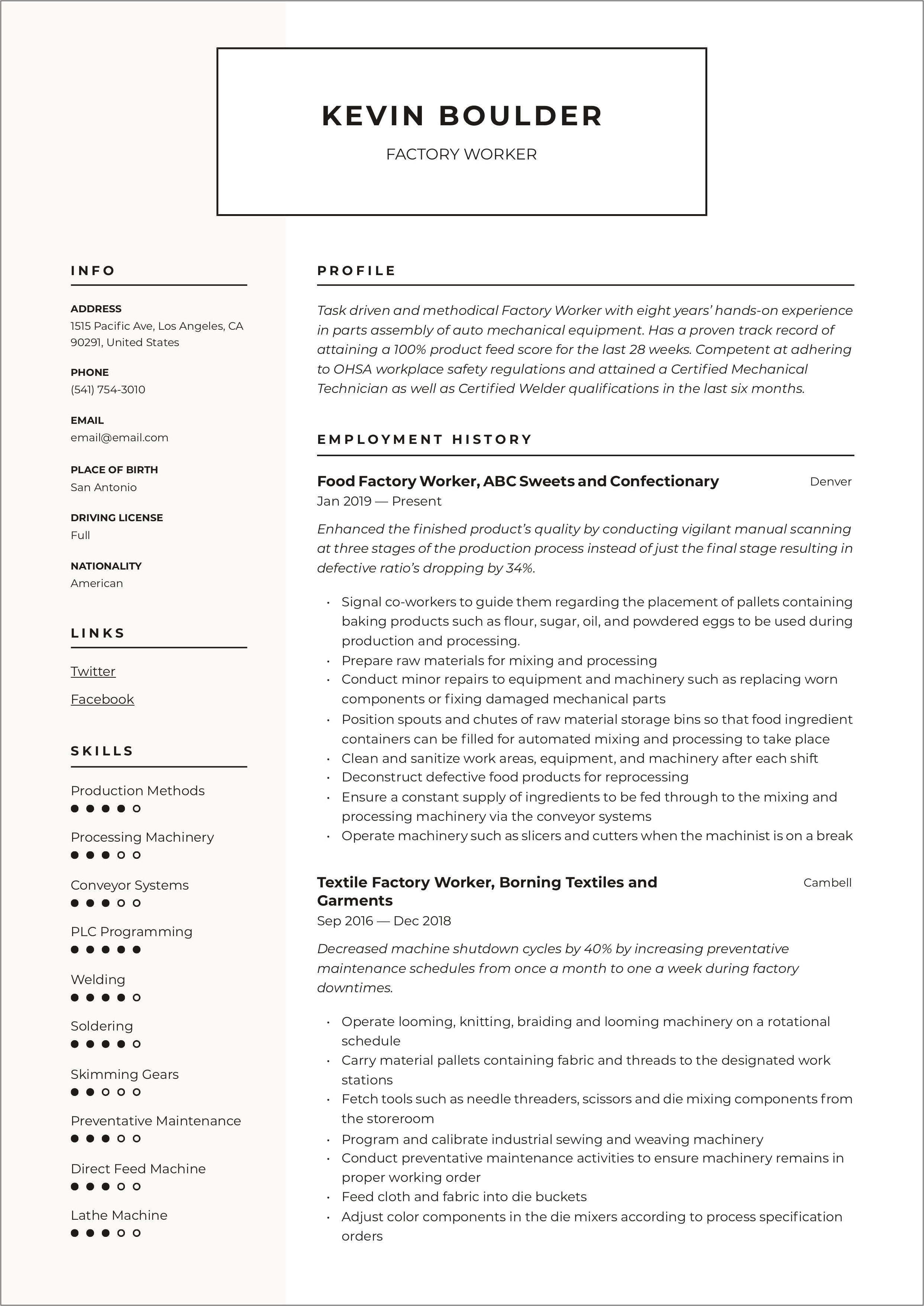 Sheet Metal Helper Resume Sample