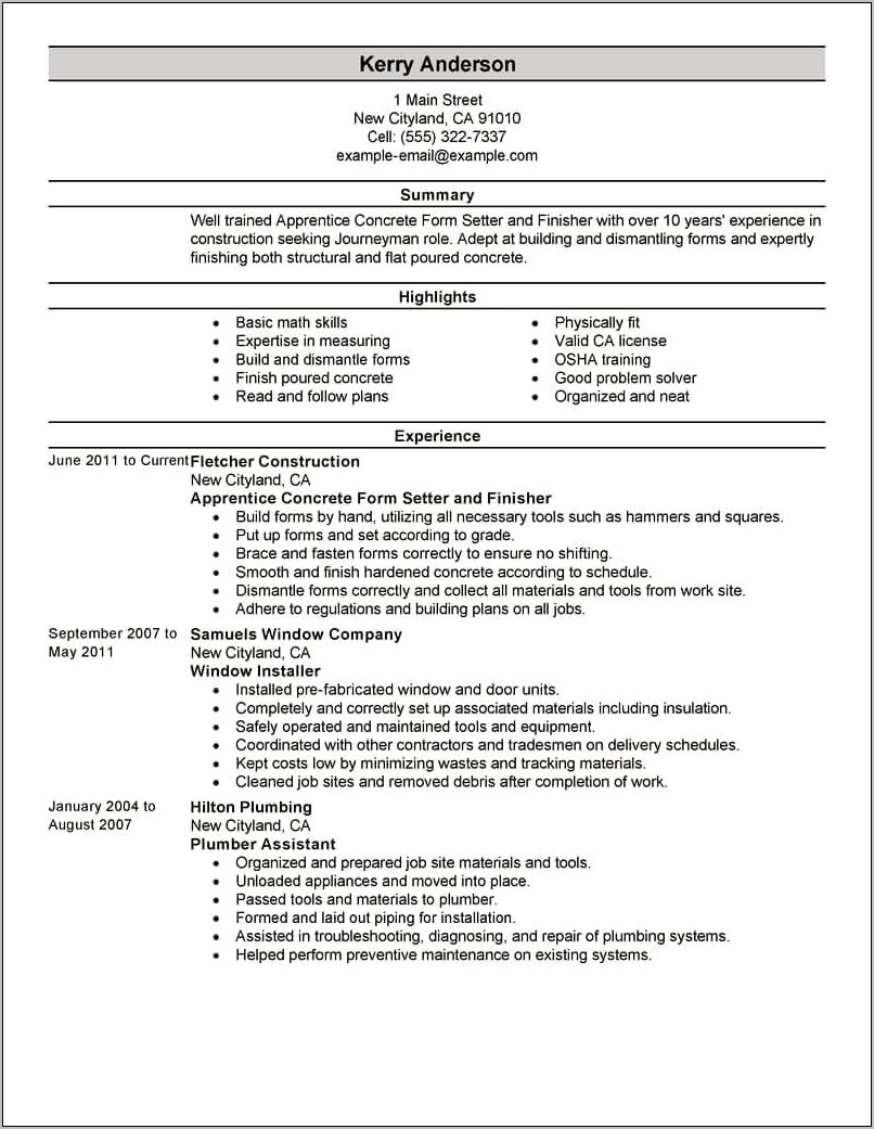 Sheet Metal Journeyman Resume Sample