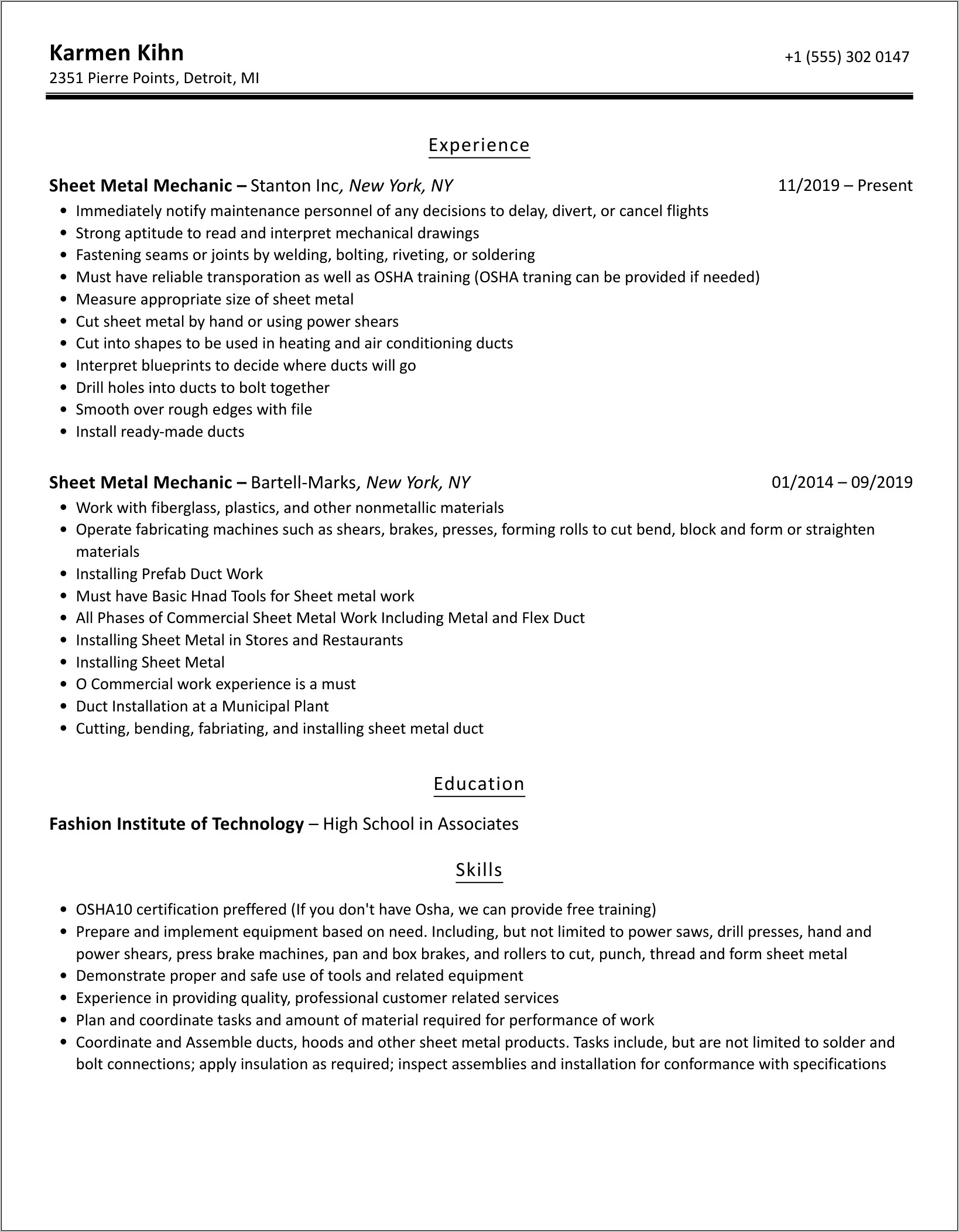 Sheet Metal Mechanic Resume Sample