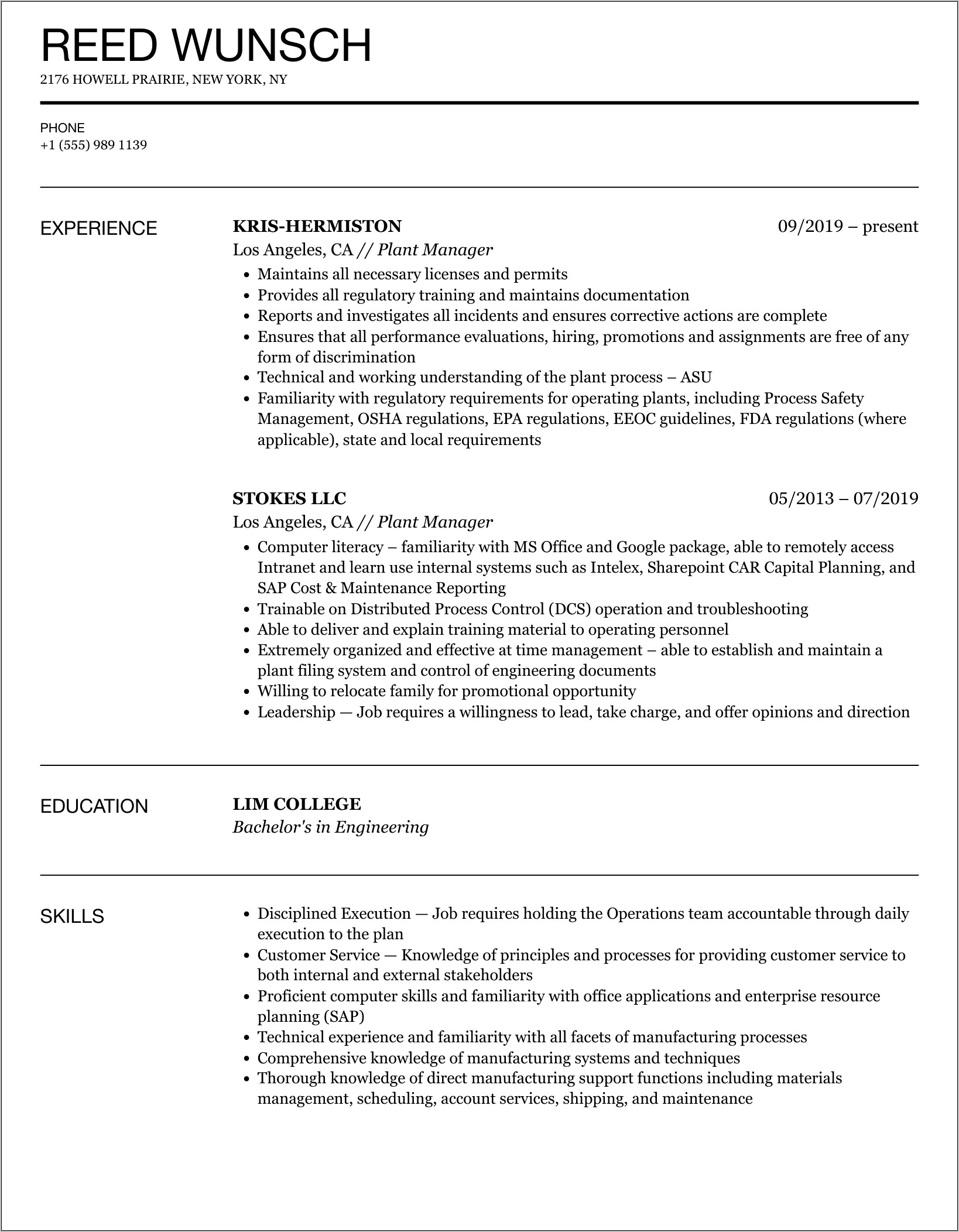 Sheet Metal Production Manager Resume