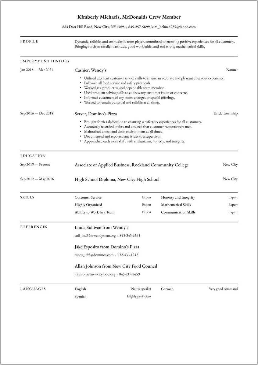 Shift Manager Fast Food Resume