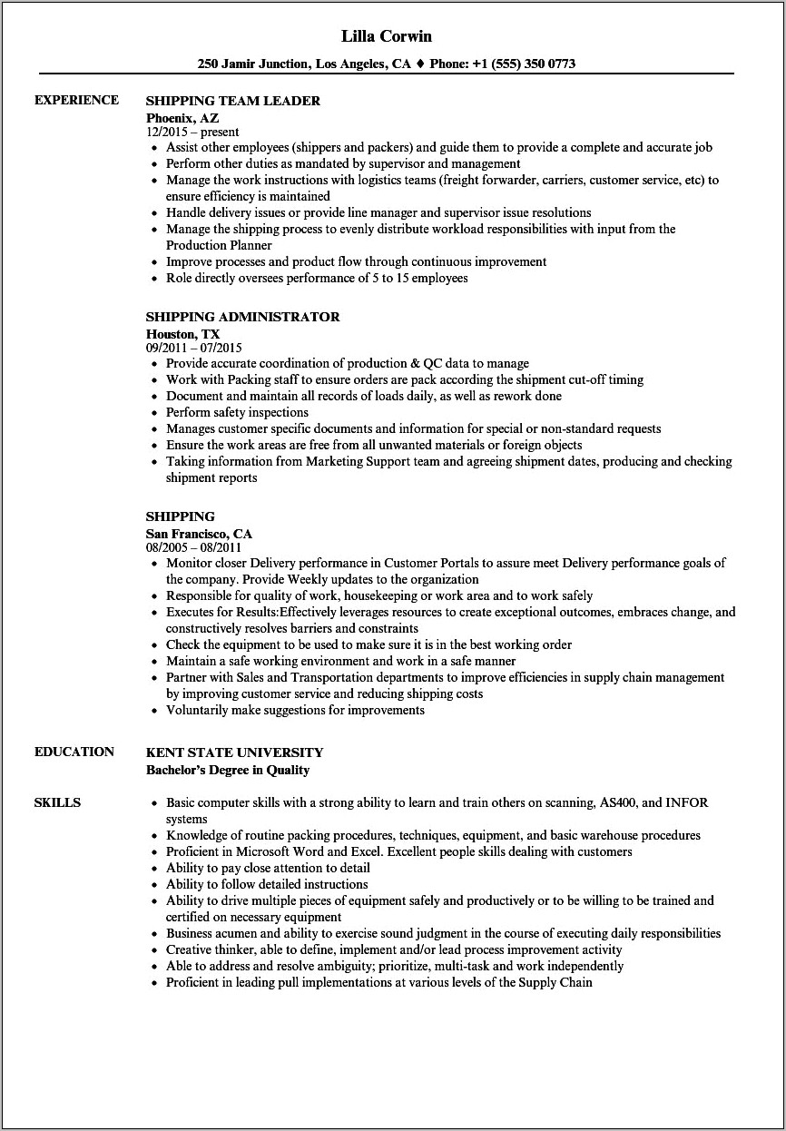 Shipper Job Example Resume Help