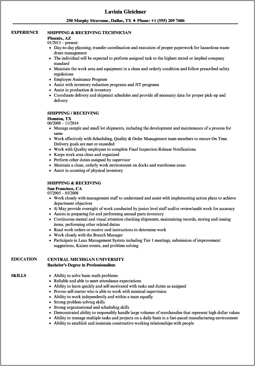 Shipping And Receiving Resume Objective