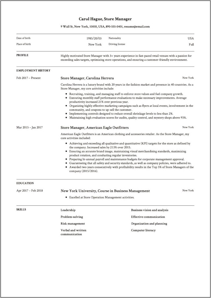 Shoe Store Manager Resume Sample