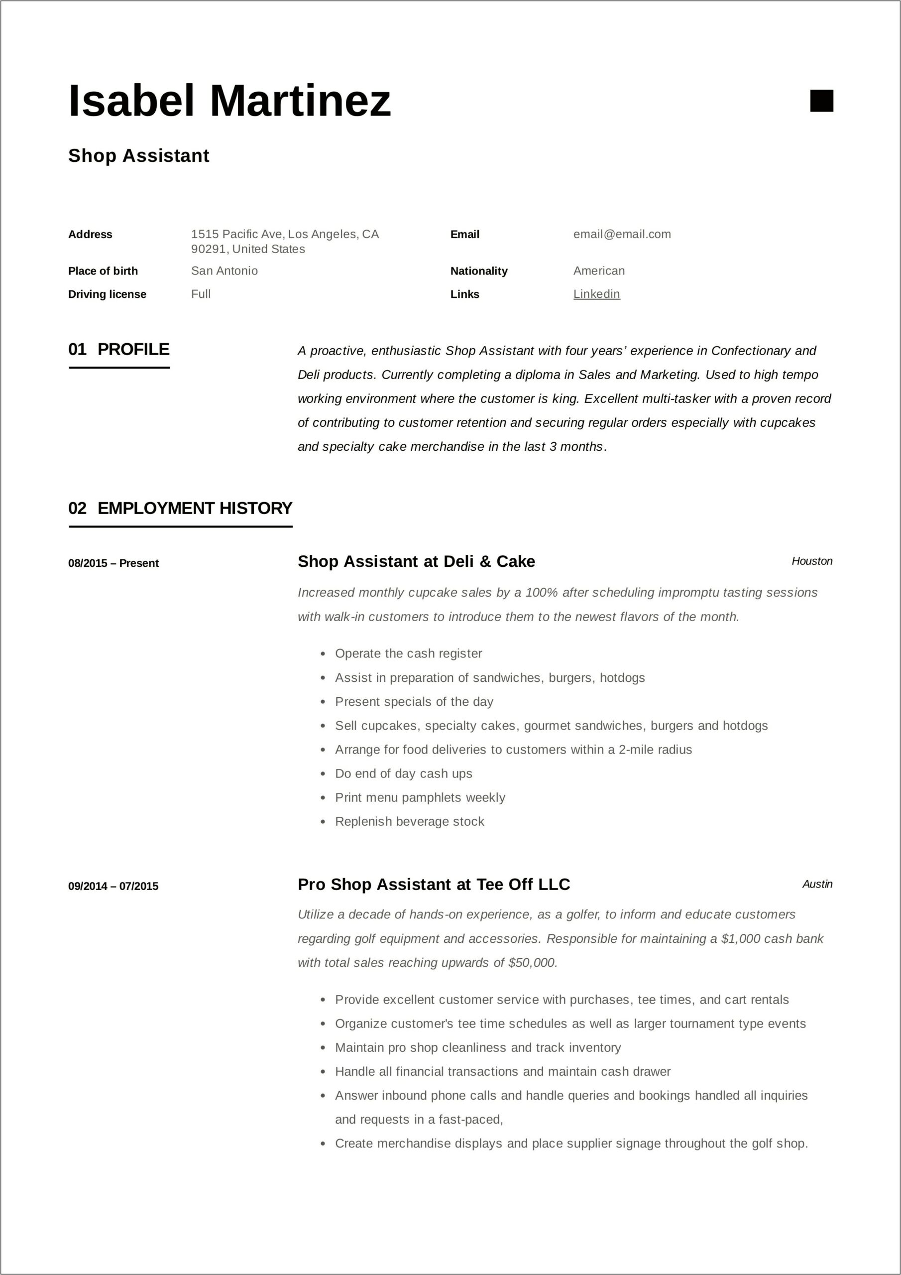 Shop Assistant Job Description Resume