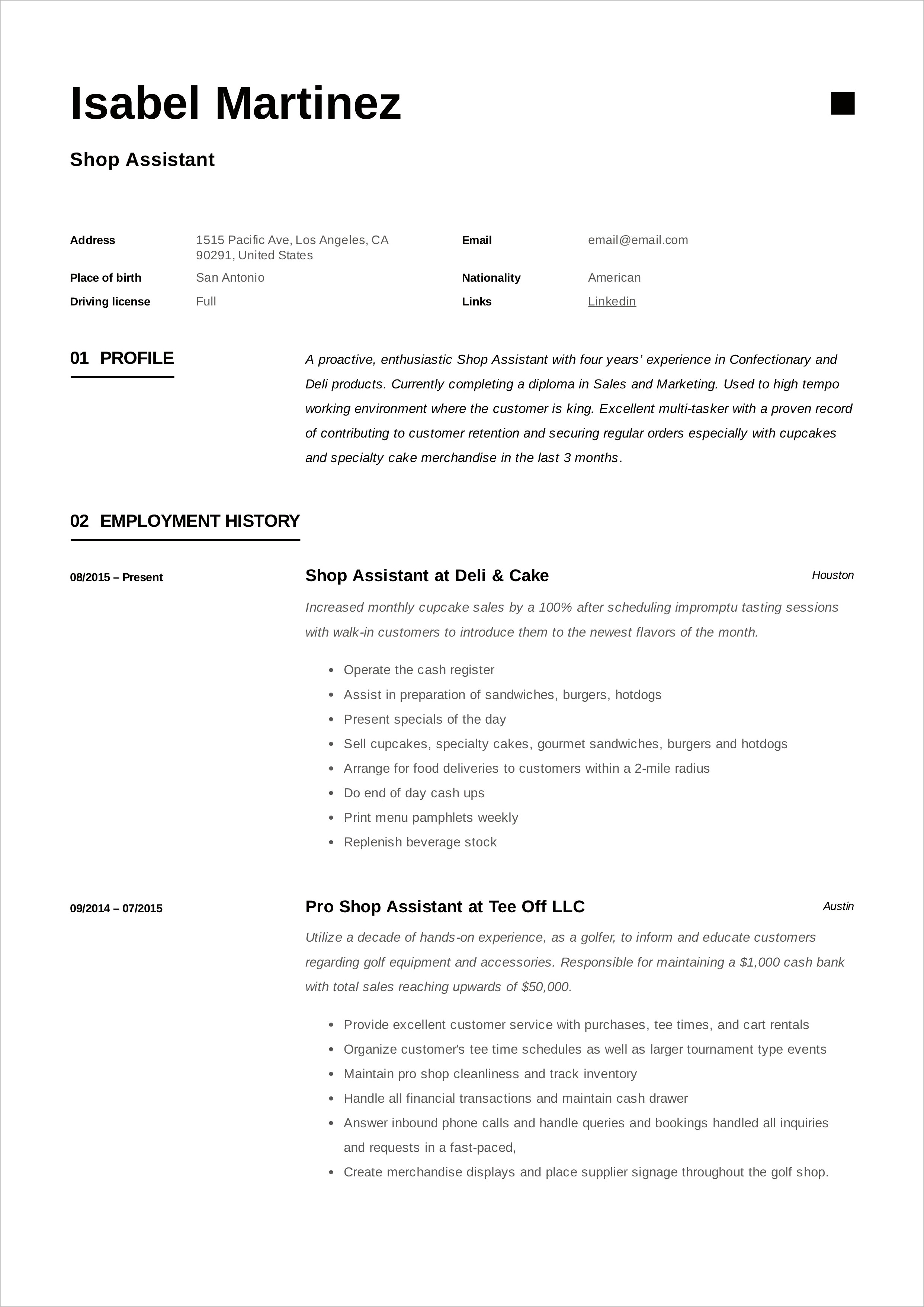 Shop Assistant Job Description Resume