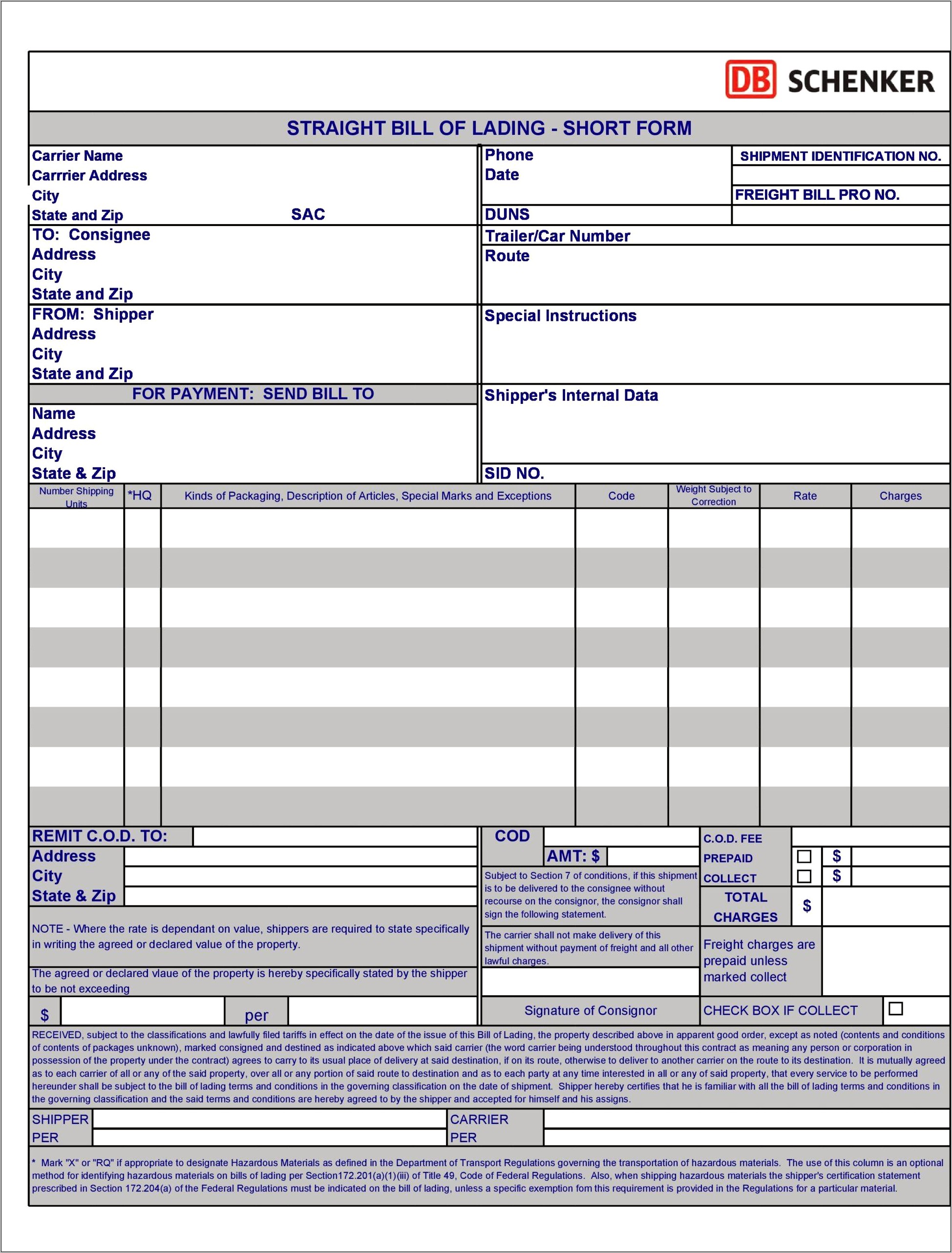 Short Form Bill Of Lading Template Free