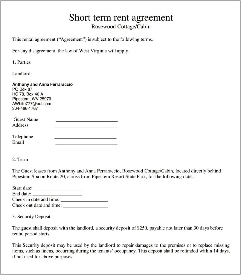 Short Term Customizable Rental Agreement Pdf Free Template