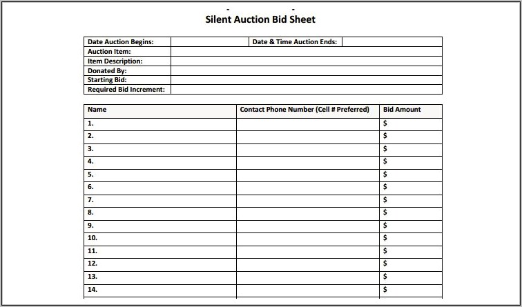 Silent Auction Bid Sheets Free Printable Simple Template