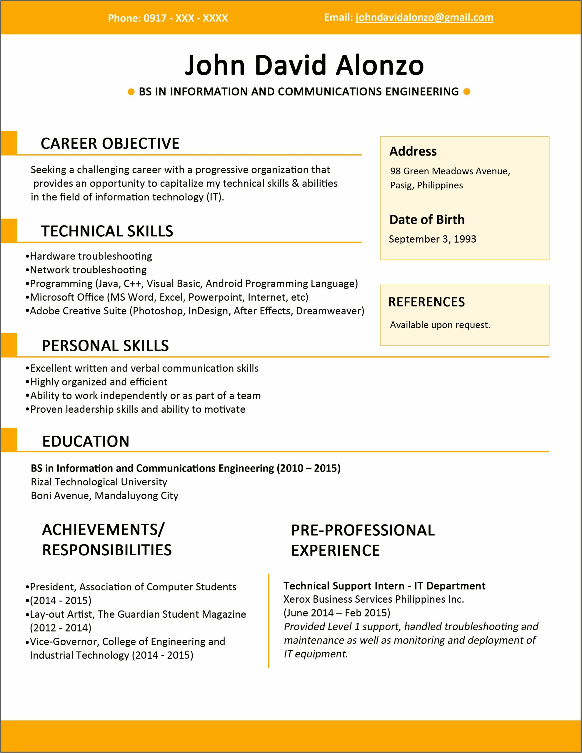 Simple Resume Sample Format Pdf