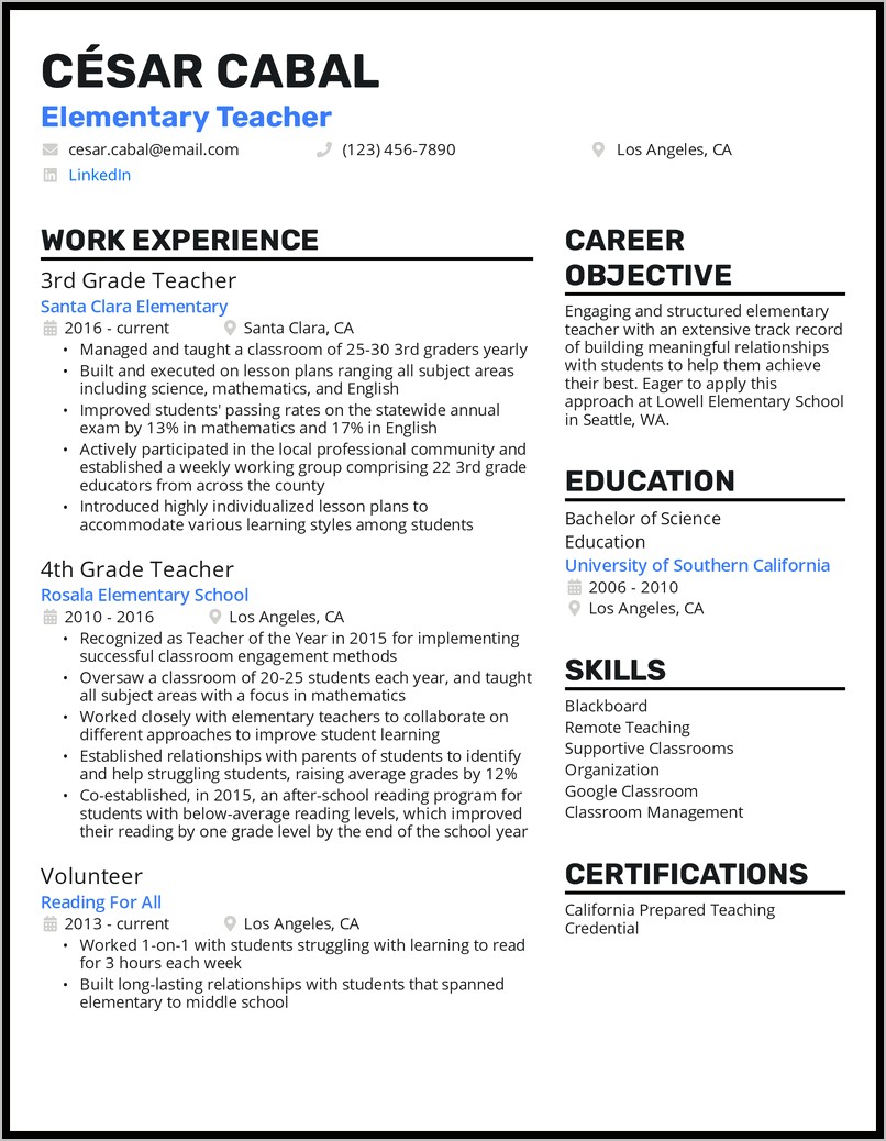 Simple Resumes Examples For Teachers