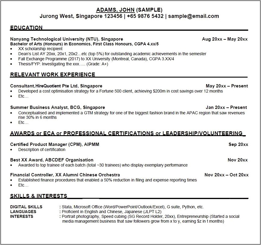 Singapore Management University Resume Template