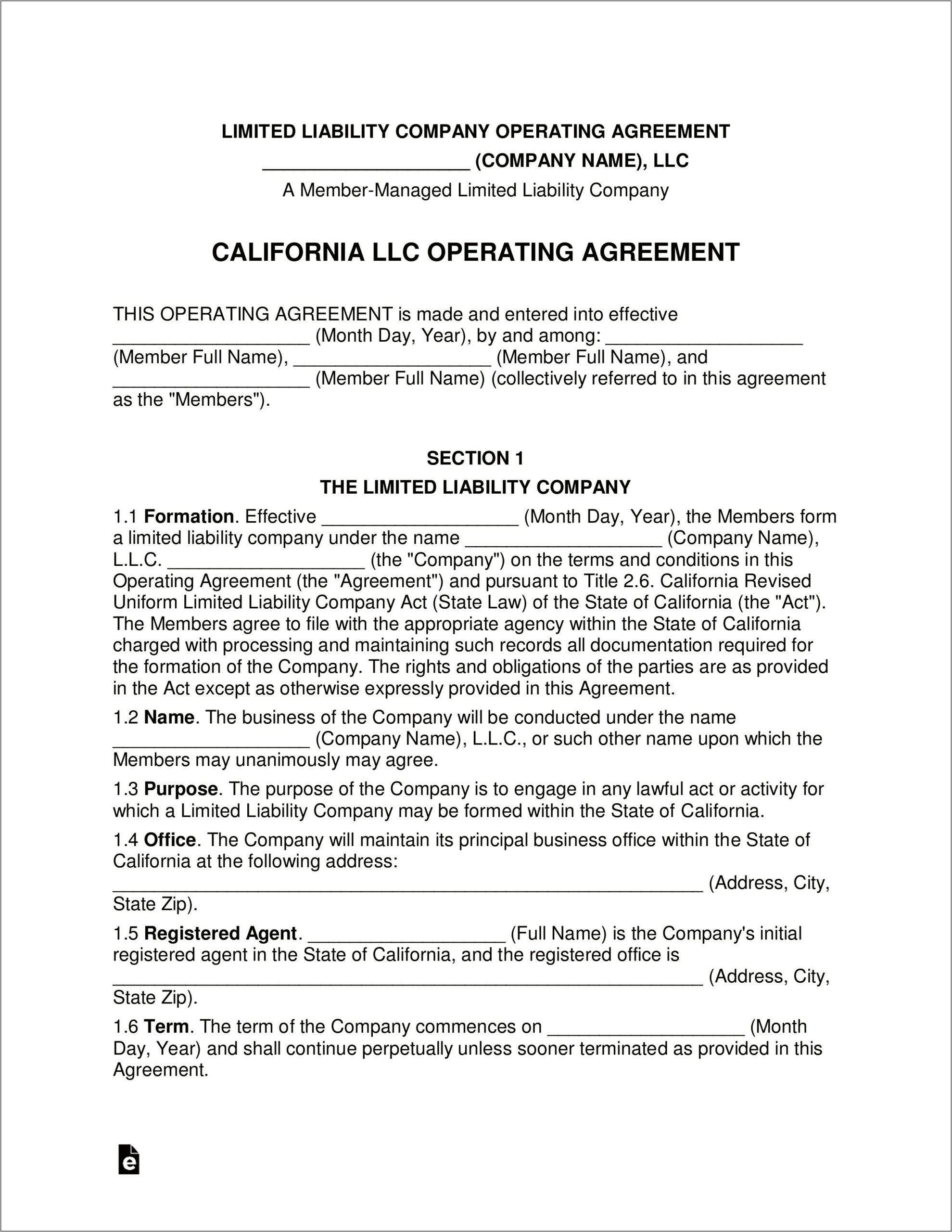 Single Member Llc Operating Agreement Template Free California