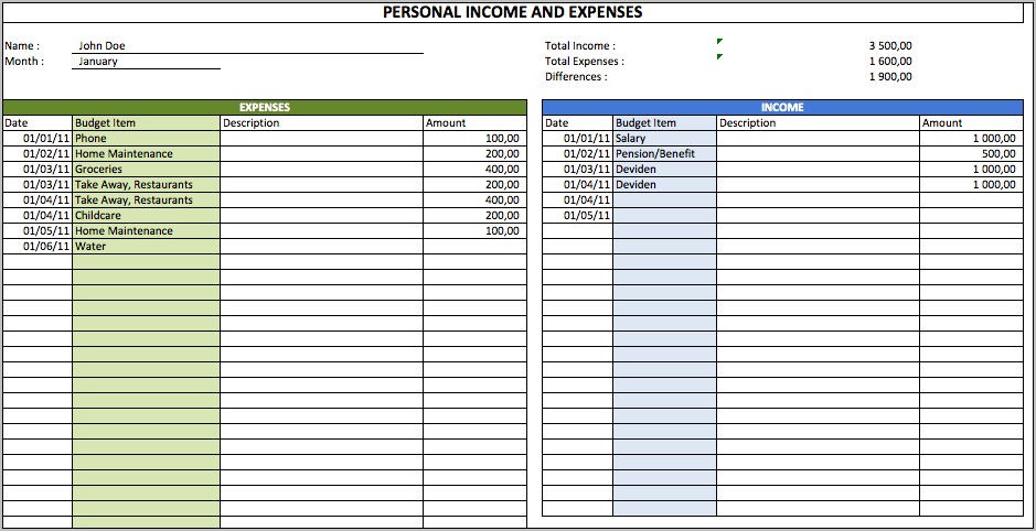 Single Person Budget Template Excel Free Download Worksheet