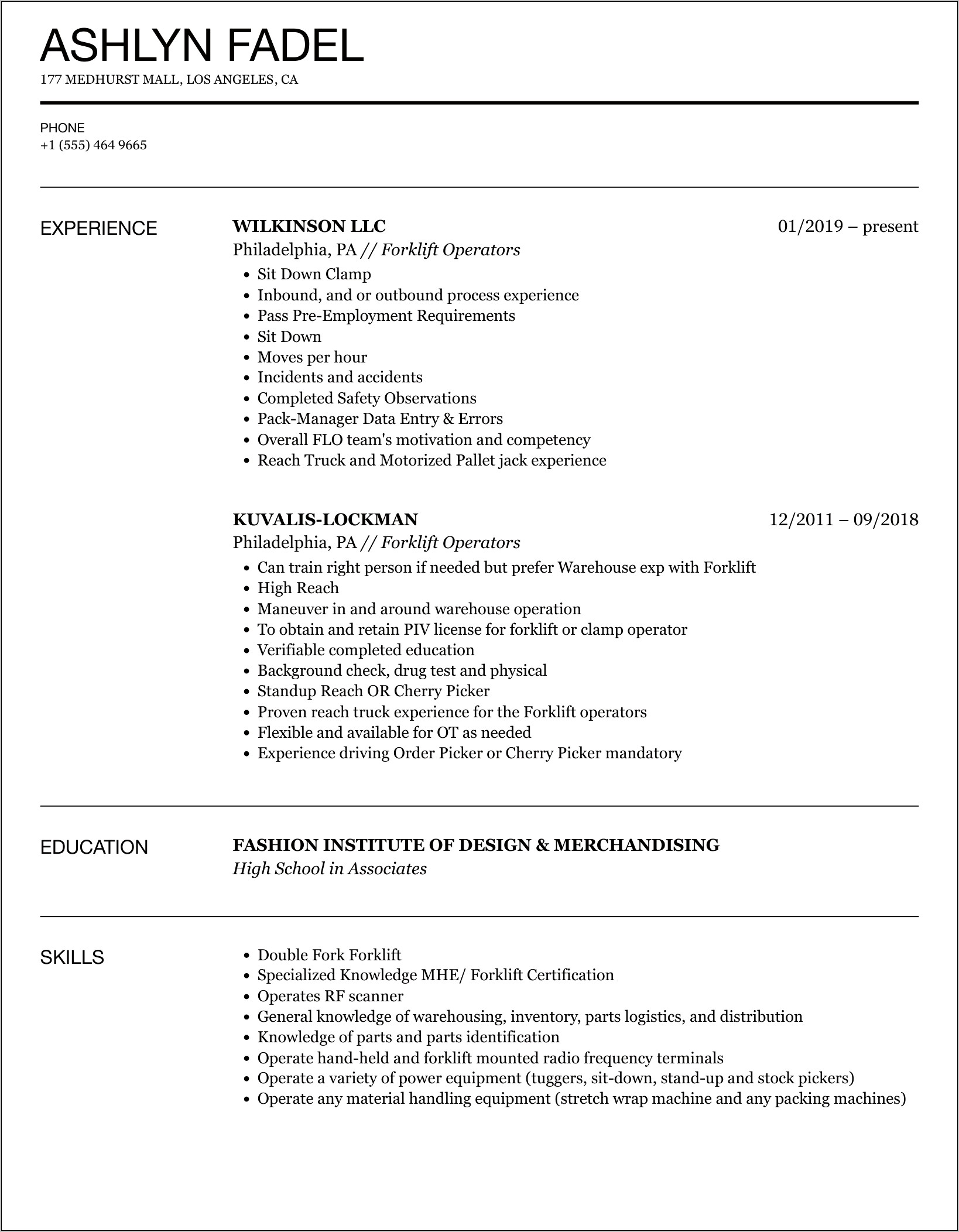 Sit Down Forklift Resume Sample