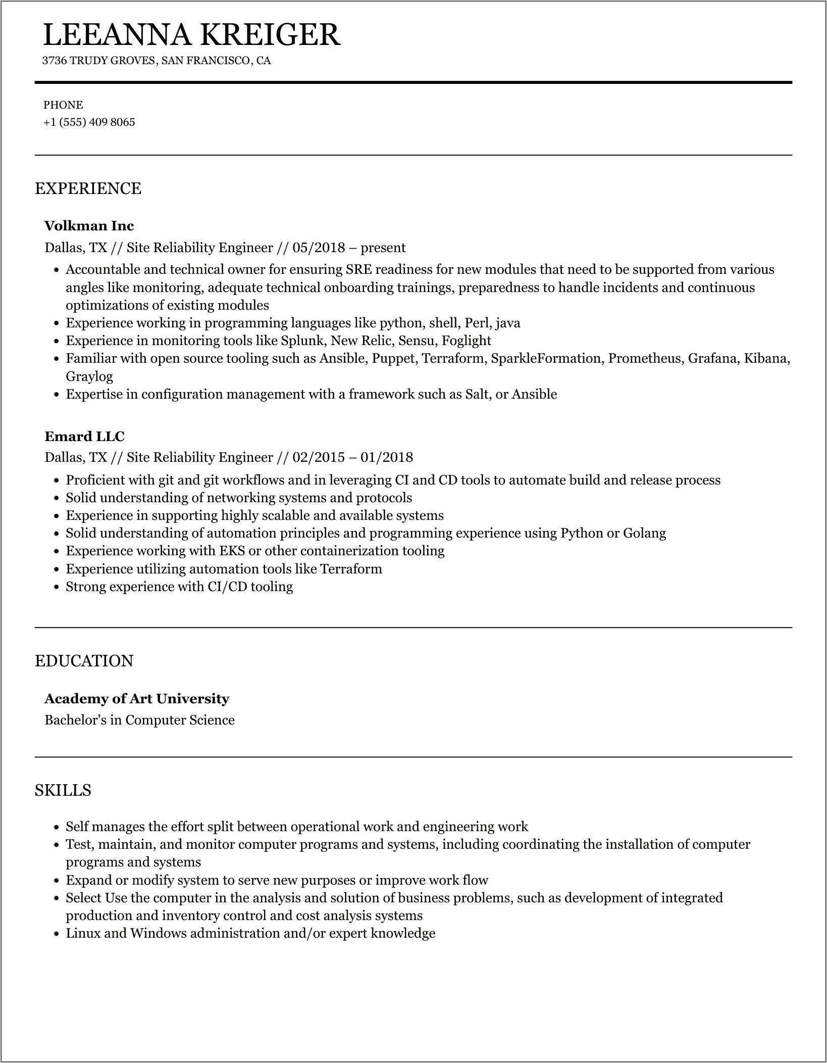 Site Reliability Engineer Example Resume