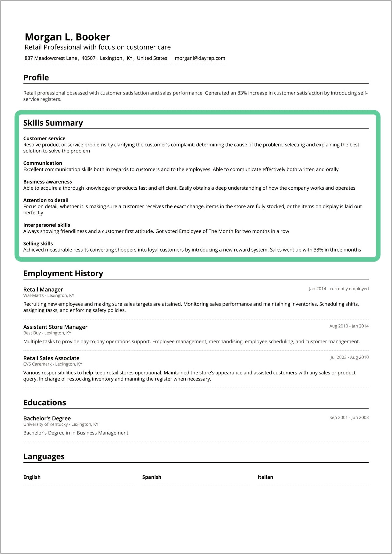 Skill Highlight Examples For Resume