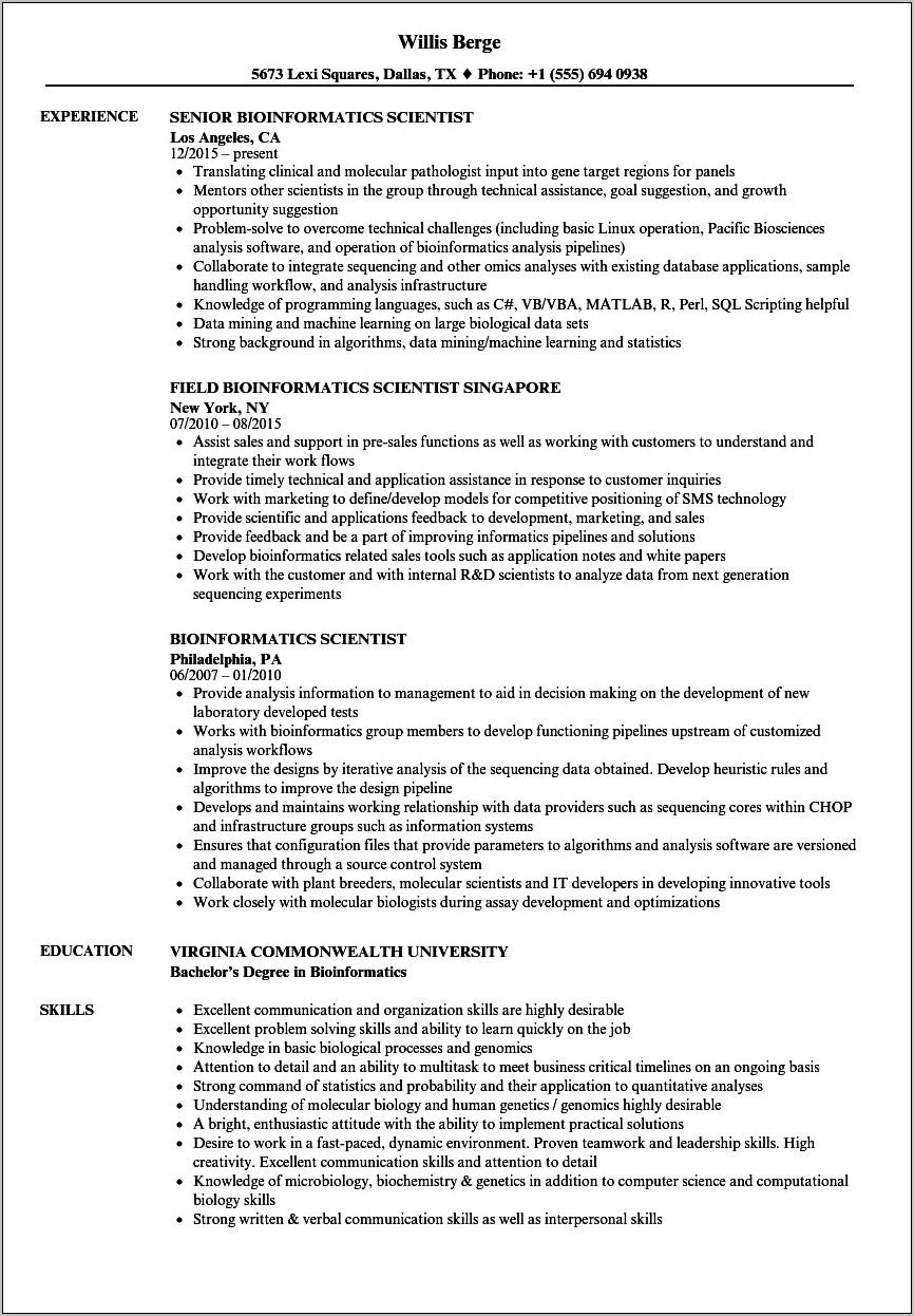 Skill Set For Bioinformatician Resume