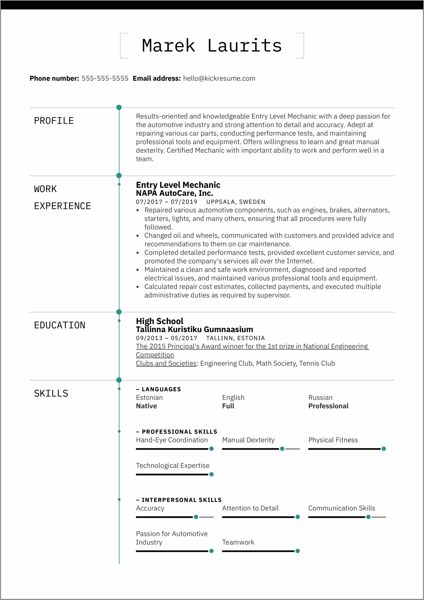 Skills Based Resume For Mechanic