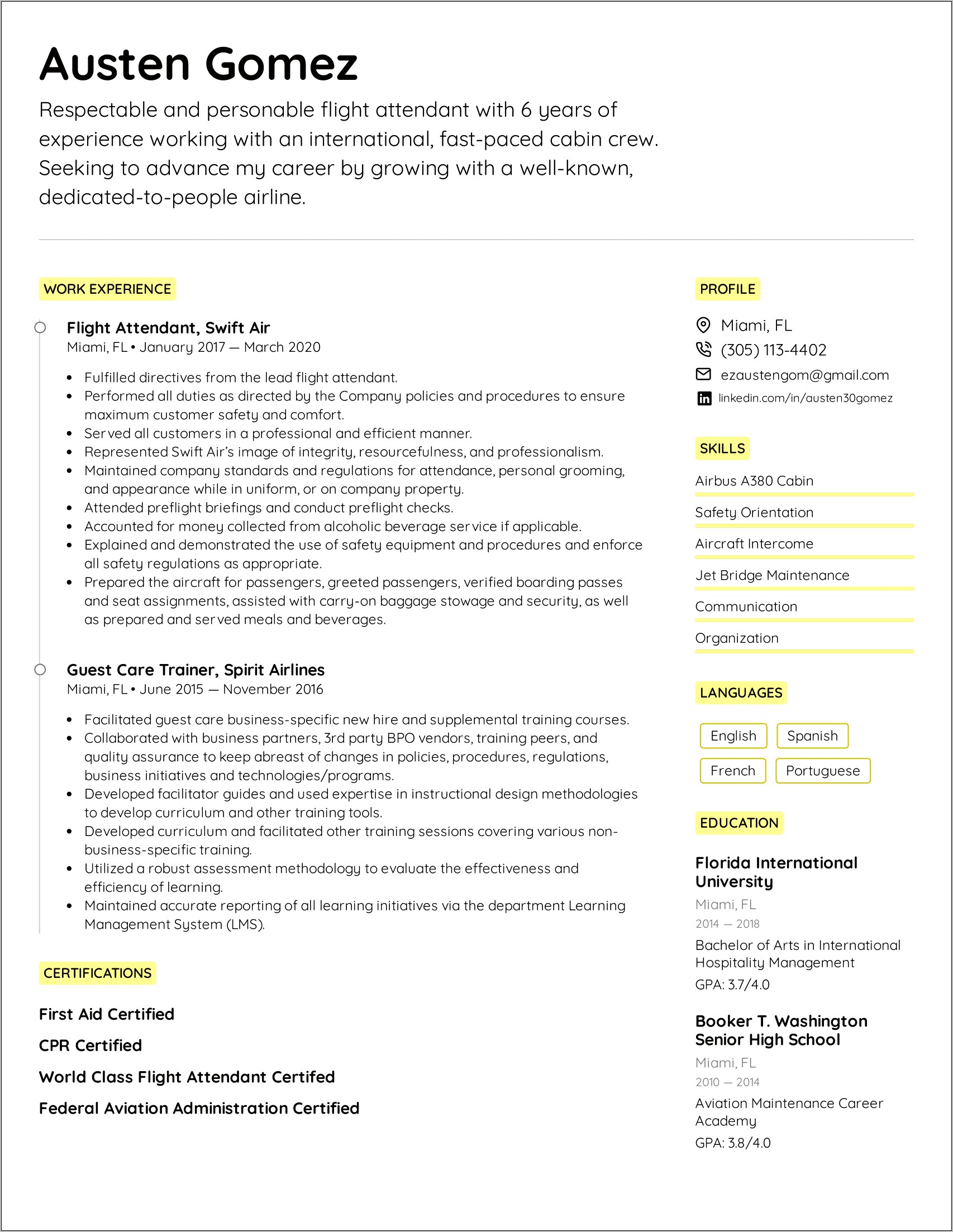 Skills Example Resume Flight Attendant