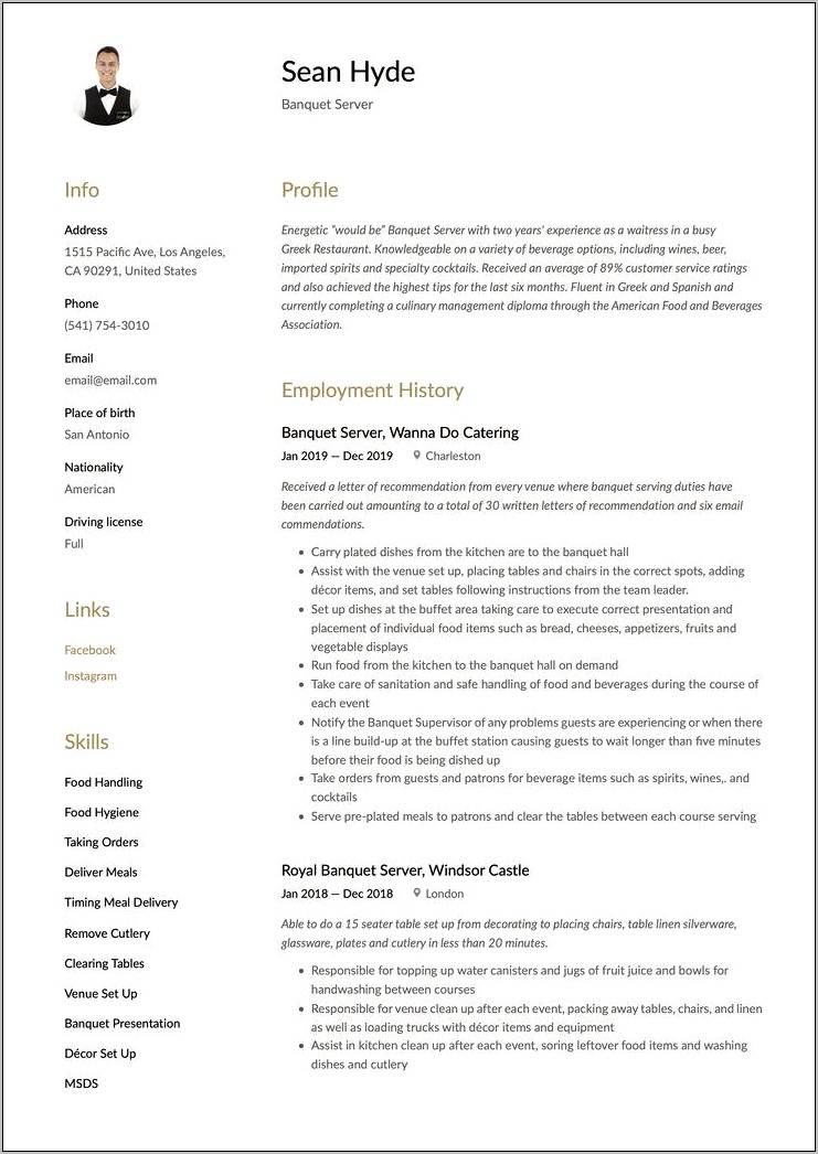 Skills For Banquet Server Resume