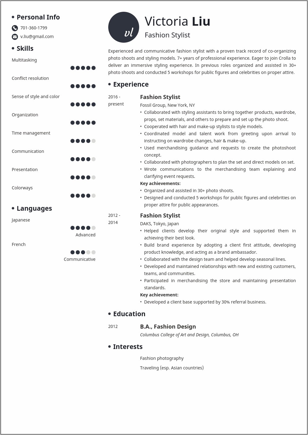 Skills For Fashion Stylist Resume