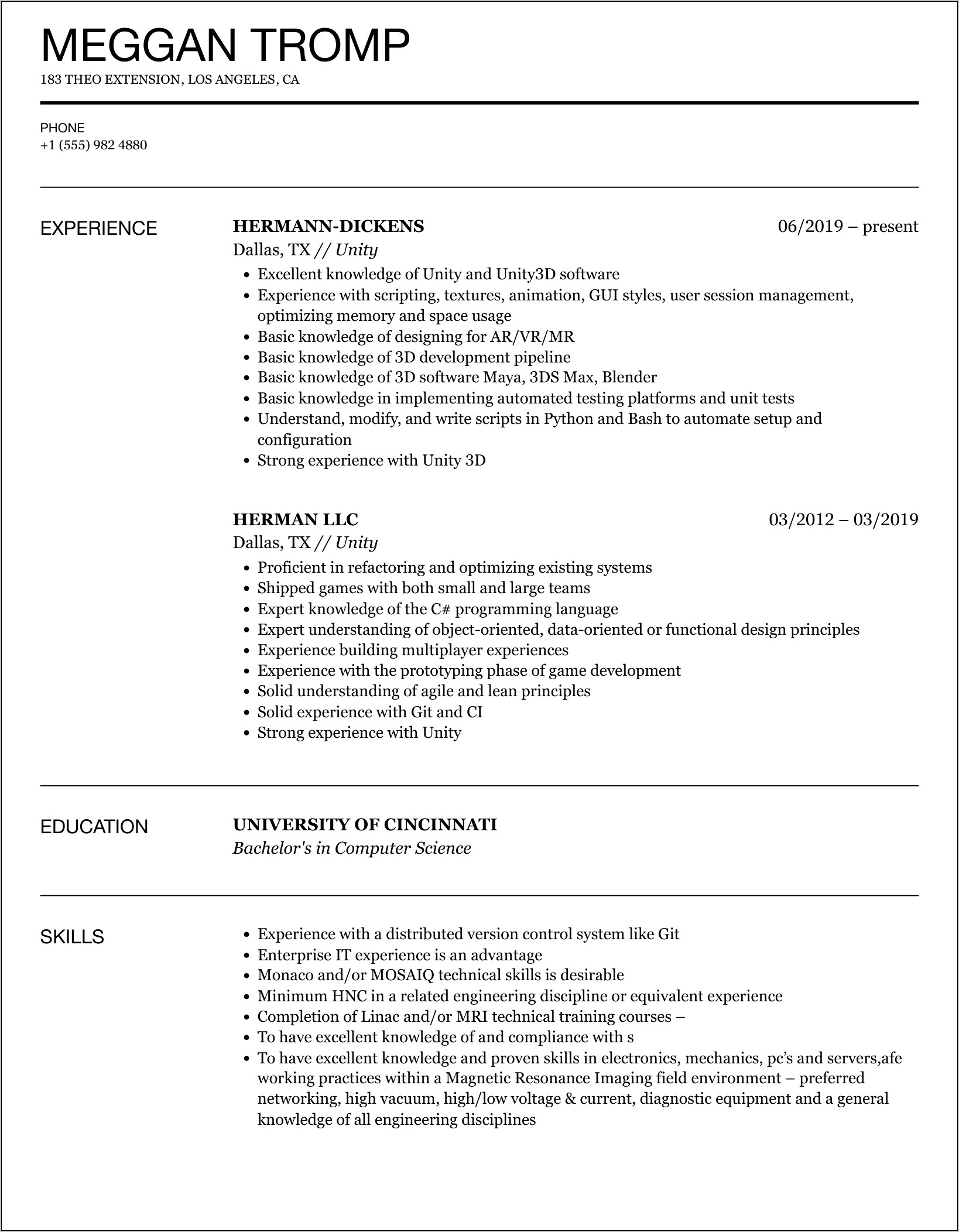 Skills For Game Dev Resume