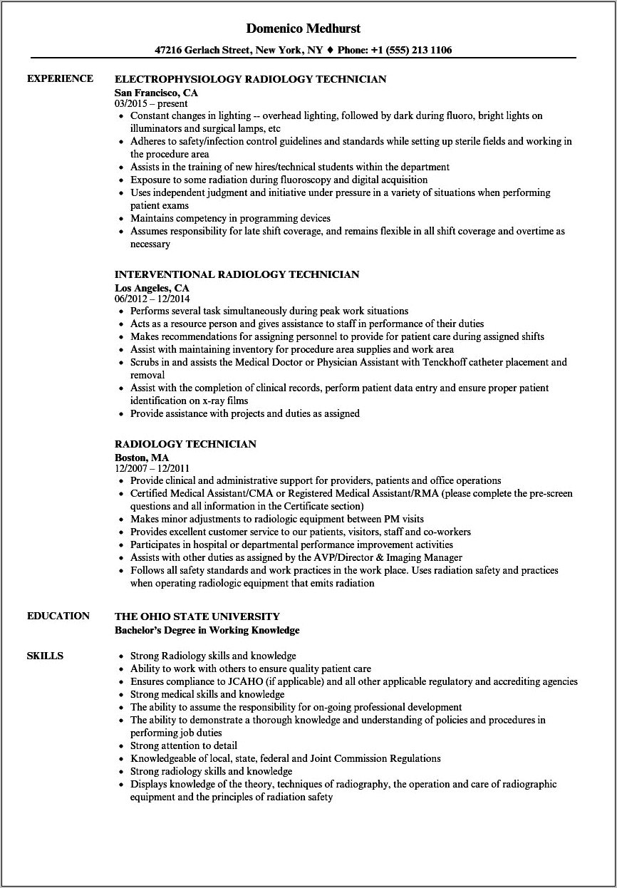 Skills For Radiologic Technologist Resume