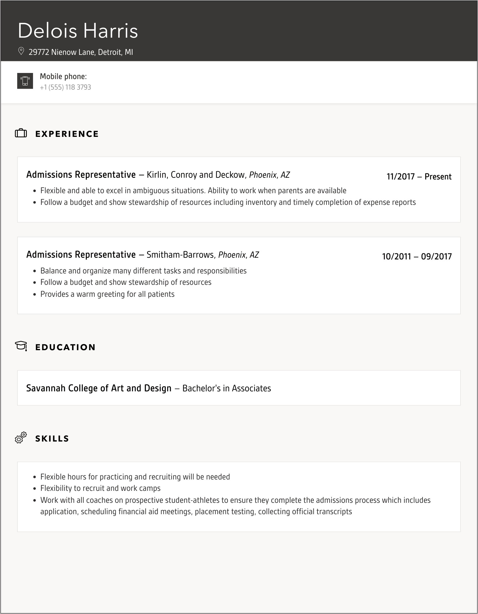 Skills For Resume Admission Representative