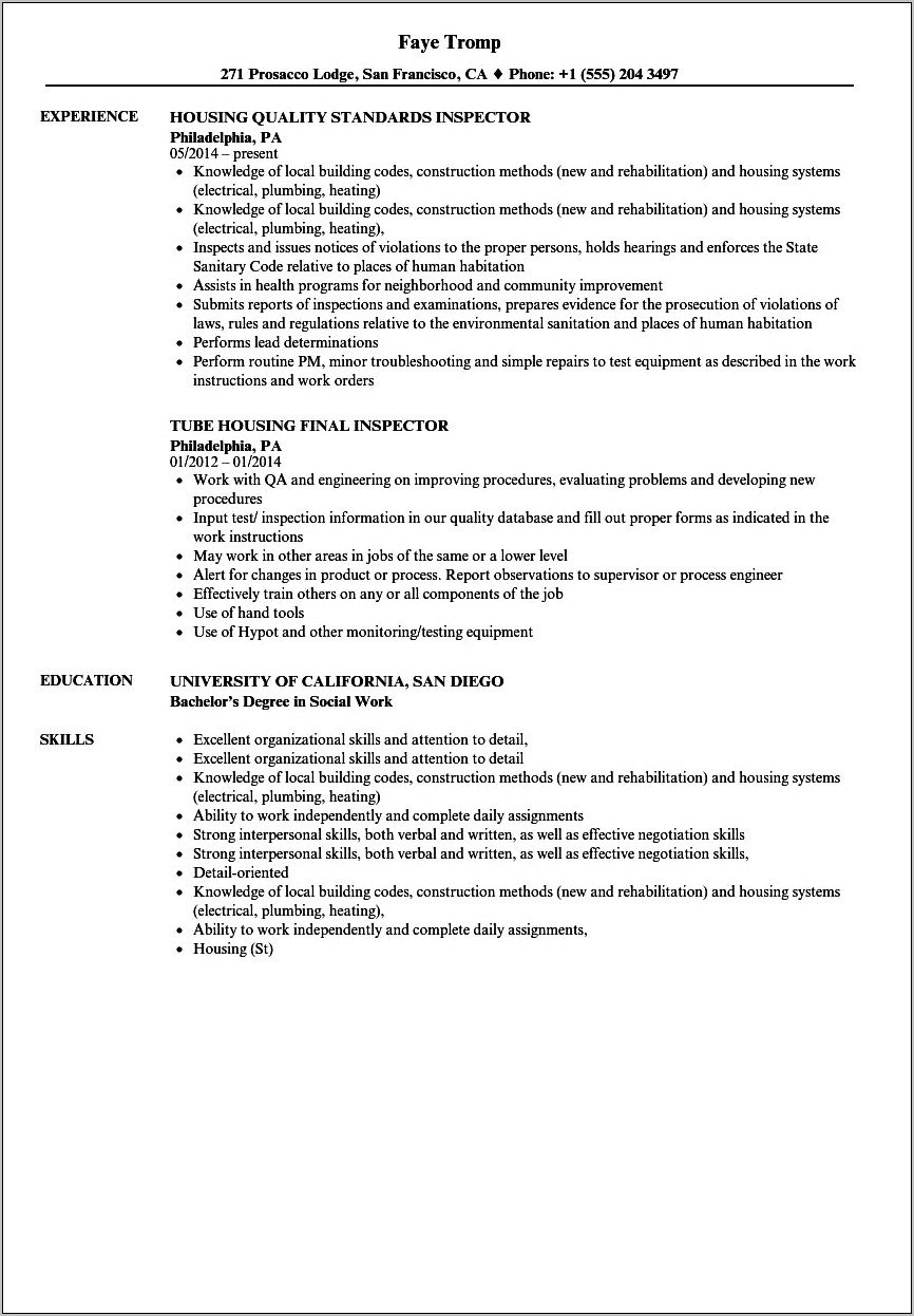 Skills For Resume Plumbing Inspector